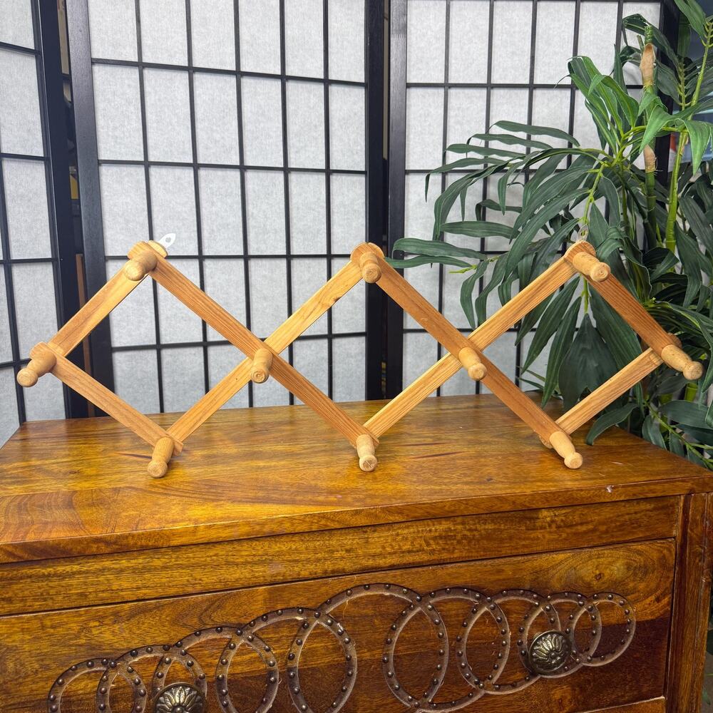Vintage MCM Accordion Wall Rack Wood Peg Hat Hanger Expandable Hooks Mid Century